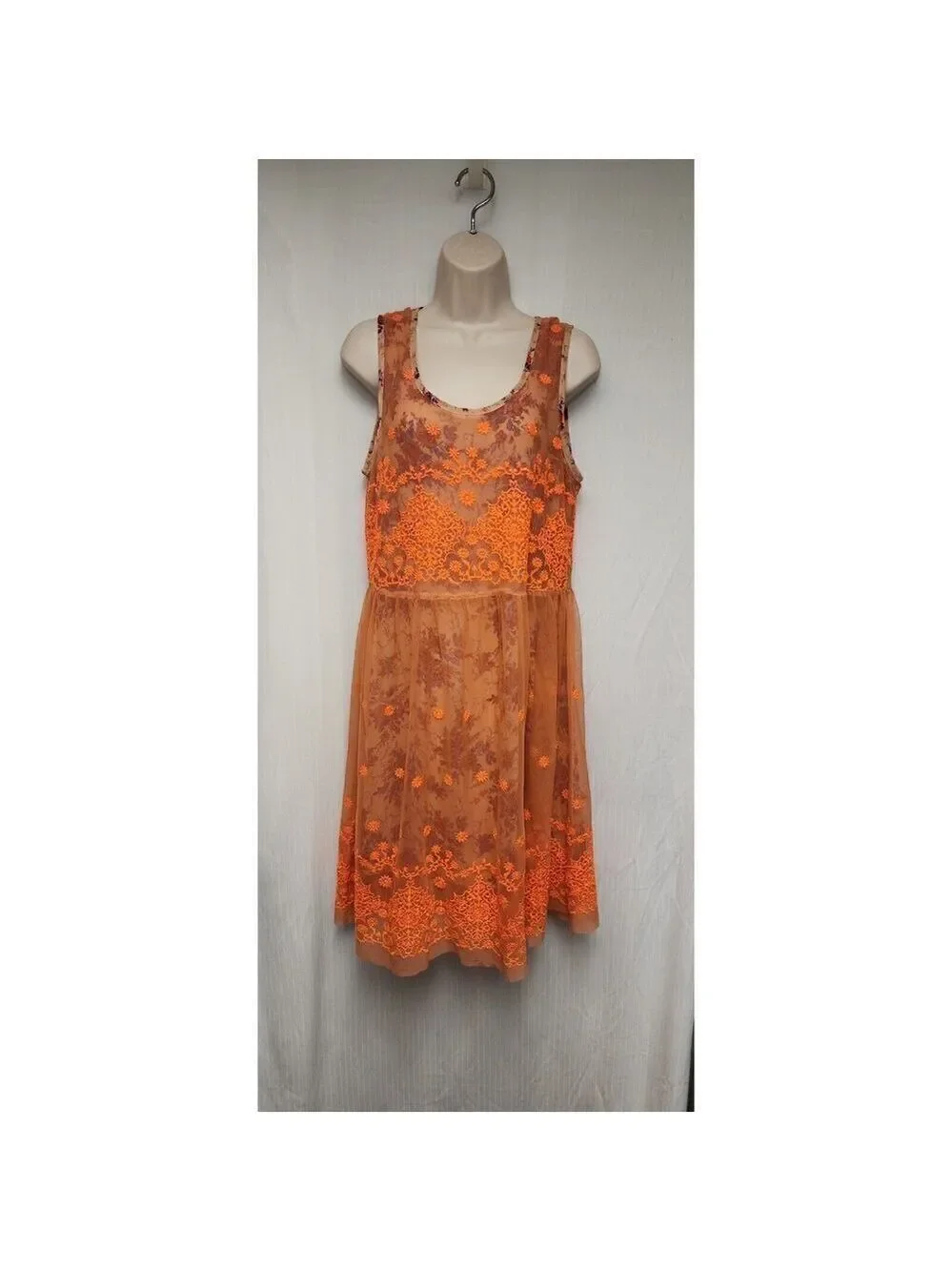 Anthropologie Uncle Frank Embroidered Mesh Overlay Neon Orange Floral Dress Sz M